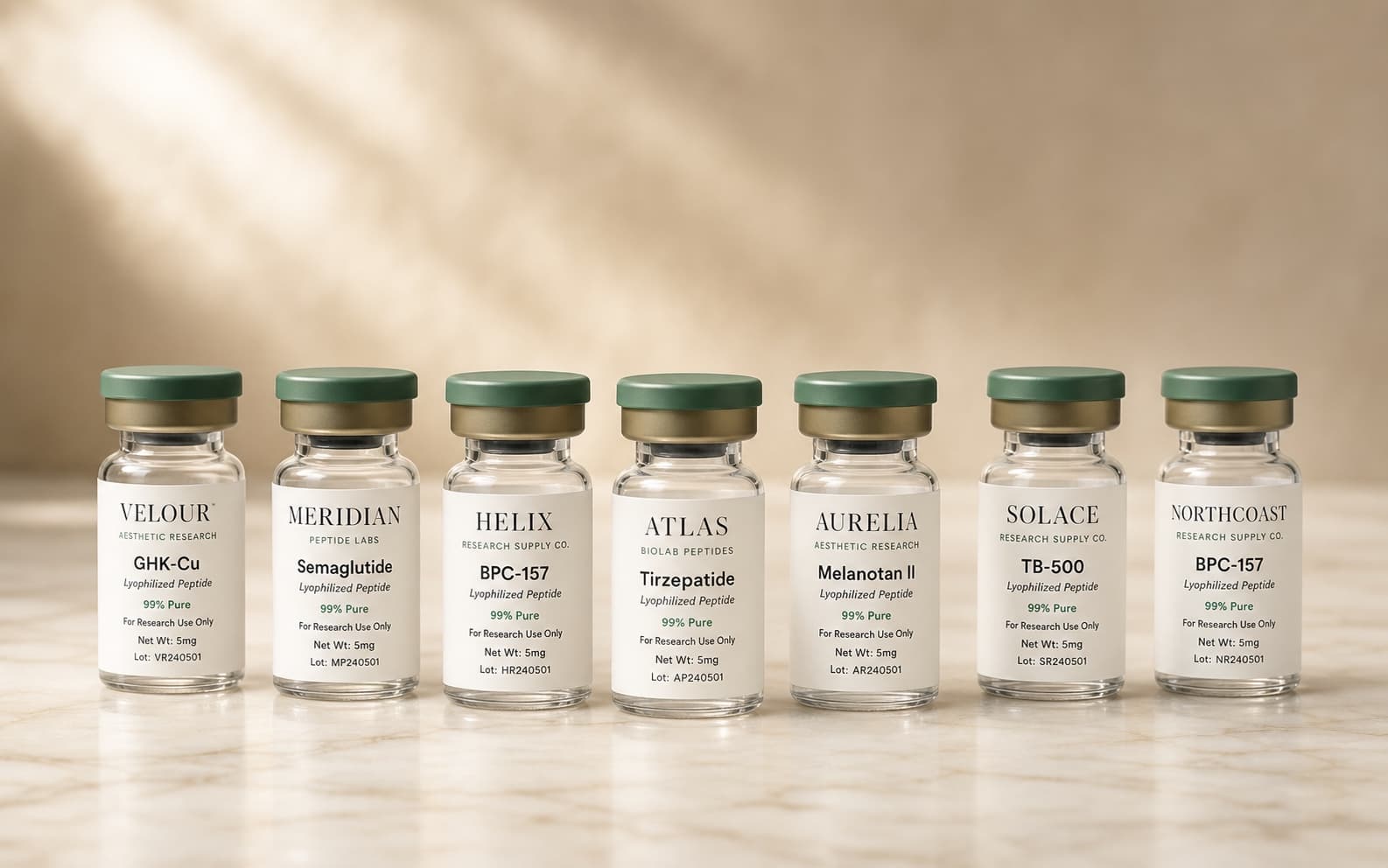 A lineup of research-peptide vials, each white-labeled under a different customer brand by PureTide Sciences