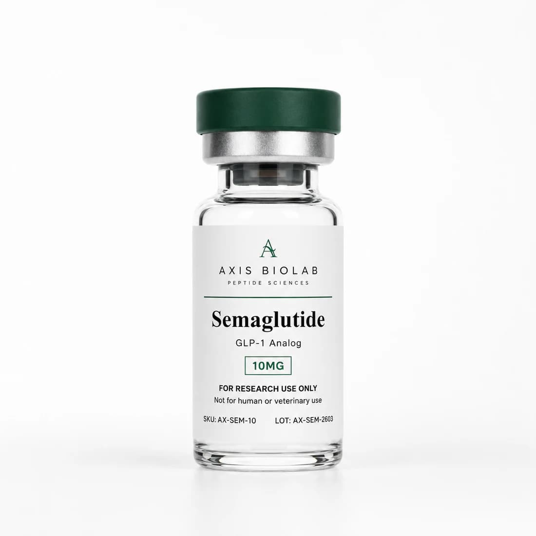 Axis BioLab Semaglutide research vial with a deep forest-green cap on a clean white field