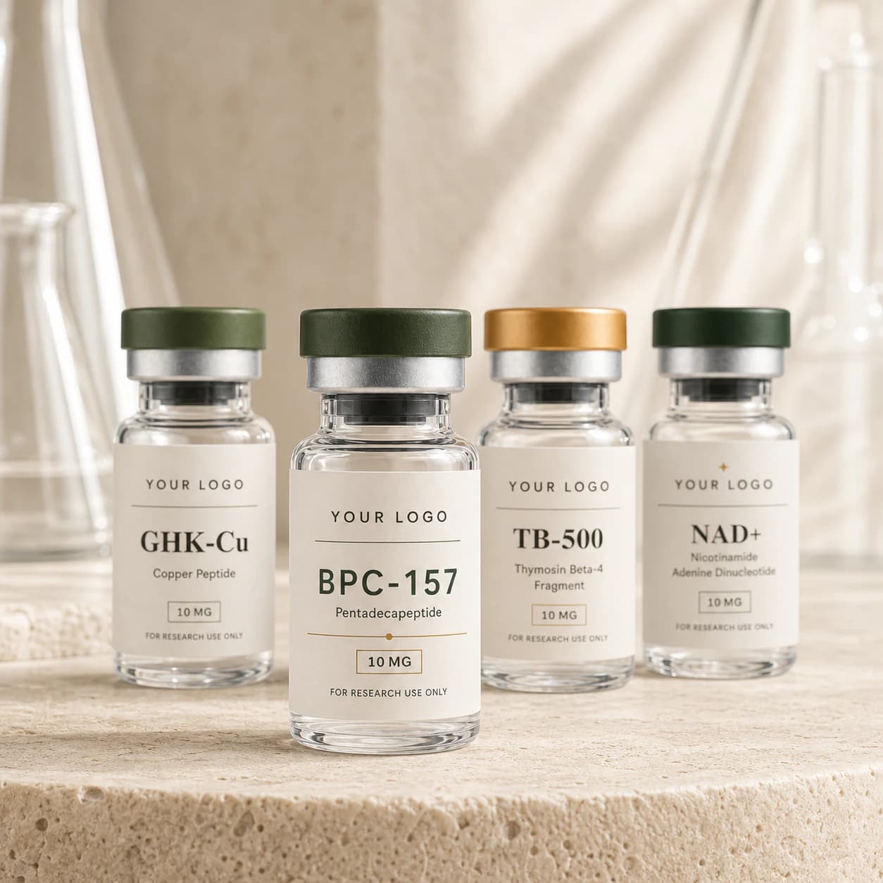Four premium research vials labeled Your Logo with olive, forest-green, and satin-gold caps