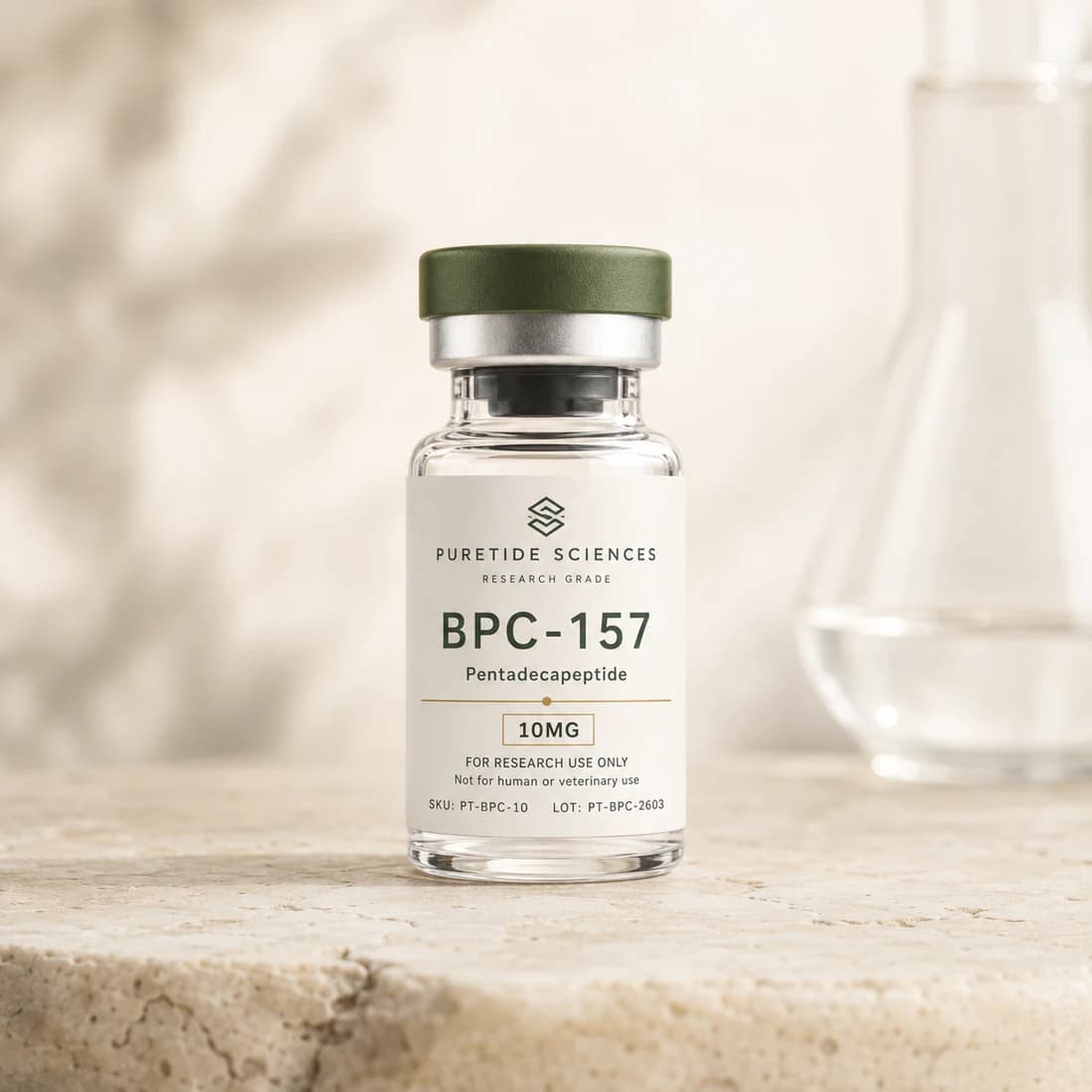 PureTide Sciences BPC-157 research vial with a deep olive-green cap on warm limestone