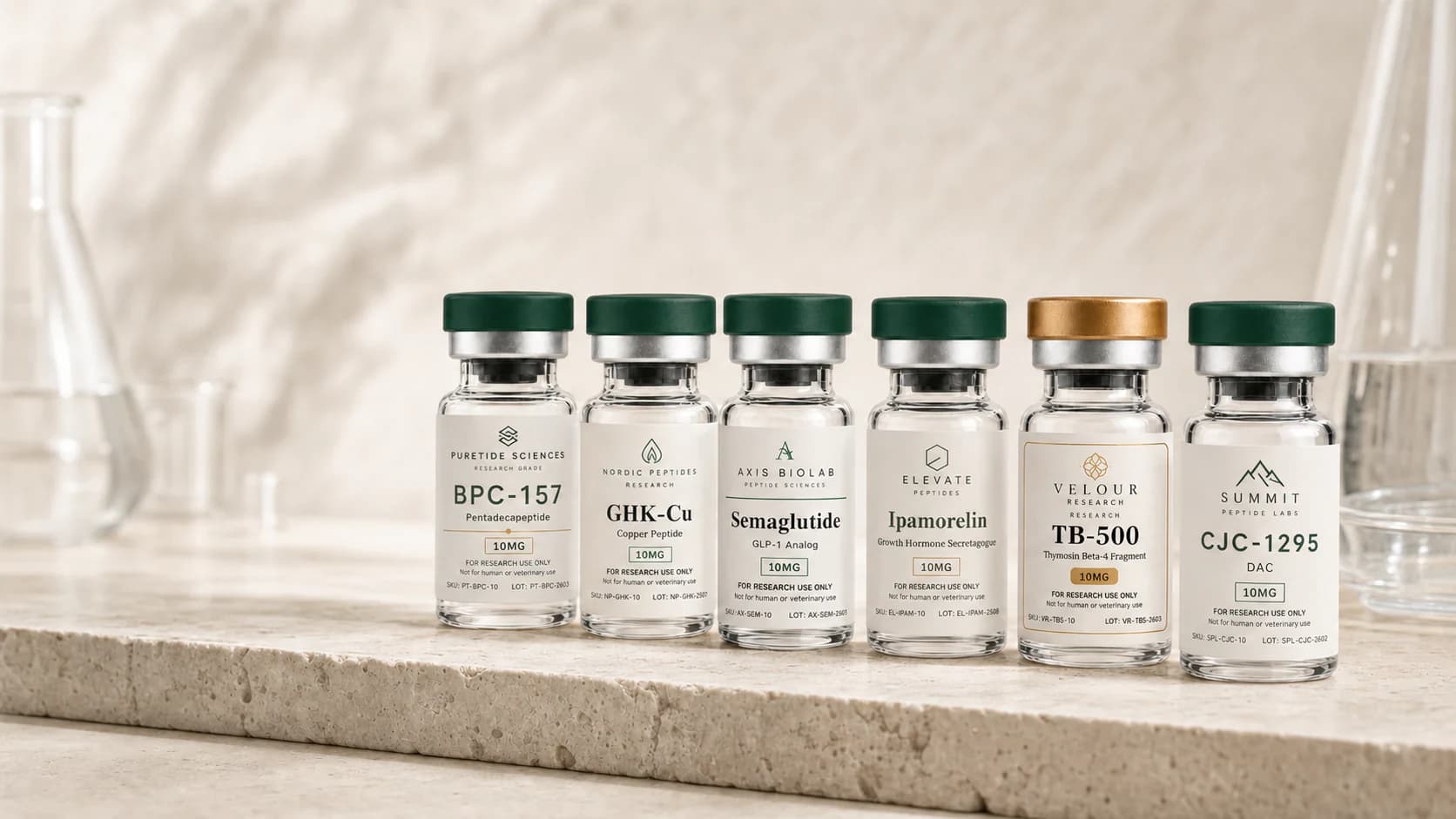 A lineup of research-peptide vials, each white-labeled under a different customer brand by PureTide Sciences