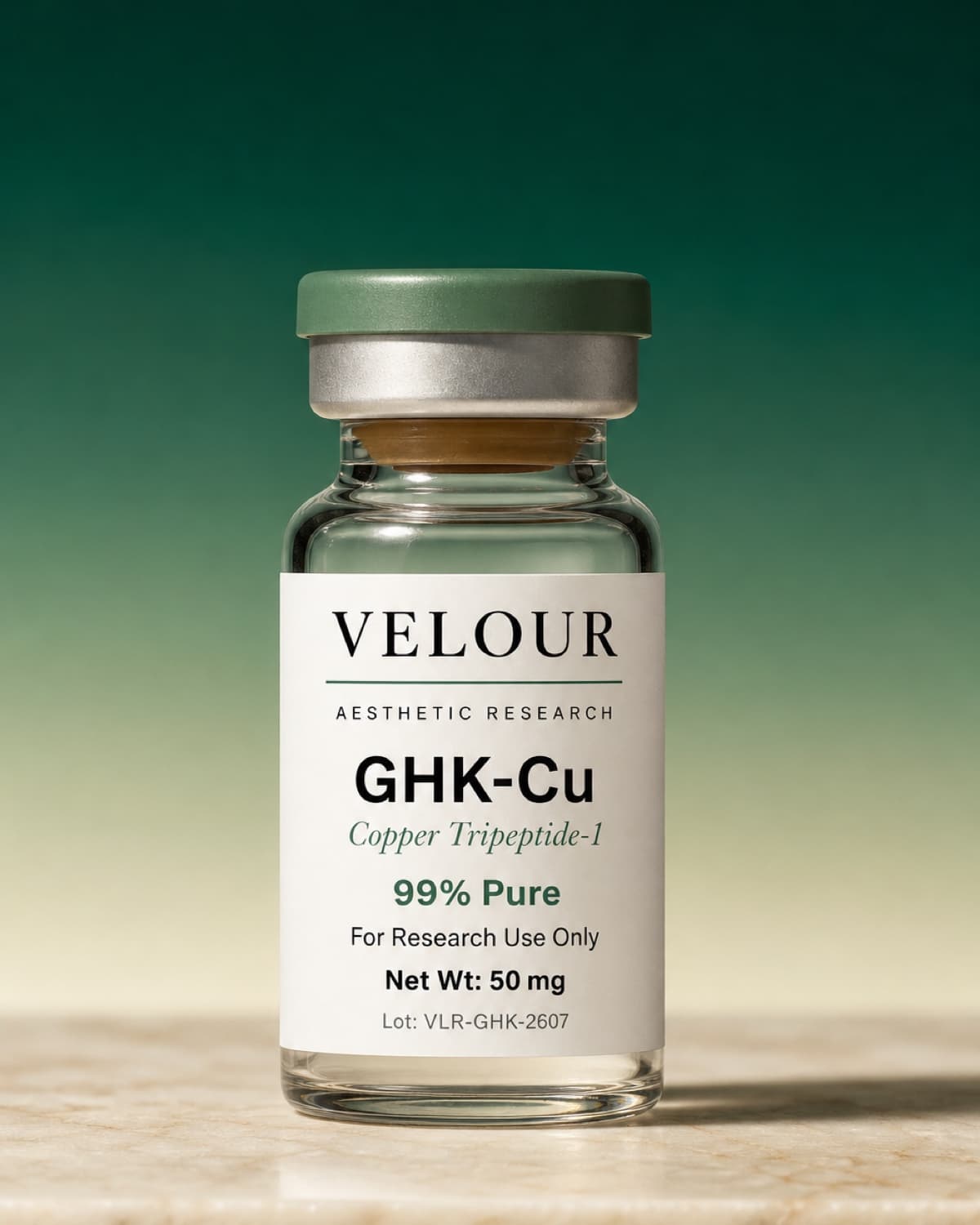 A VELOUR-branded GHK-Cu research vial, white-labeled and finished by PureTide Sciences